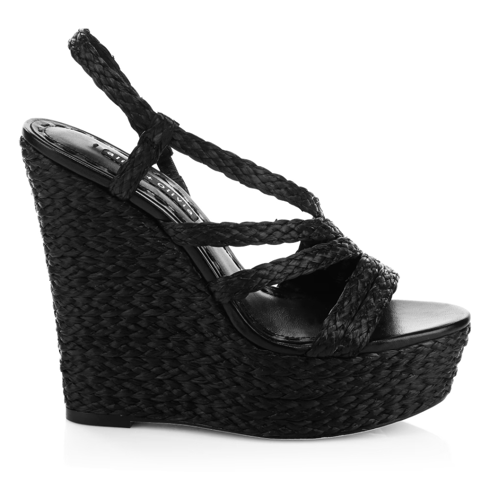 Alice + Olivia Tenley Raffia & Leather Black Platform Wedge Sandals US 9